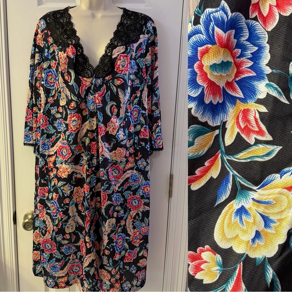 Vintage Vanity Fair Black Floral Button Up Robe House Coat Lace Trim Large